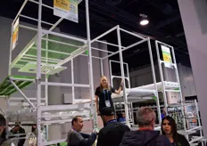 You can spot Lindsay Priest on the "catwalk" of Grow Glide's vertical system. The company showed off two new product launches at the show: the new AirGlide system and Grow Deck platform